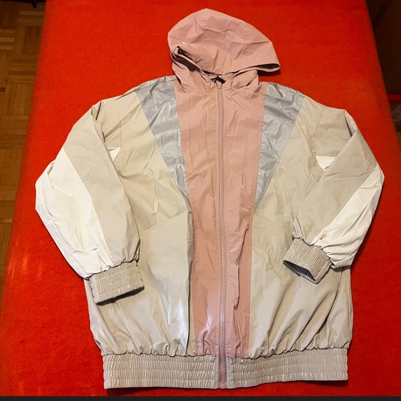Zara retro pastel pink, off white and blue rubberized hooded jacket EUC - Picture 3 of 12